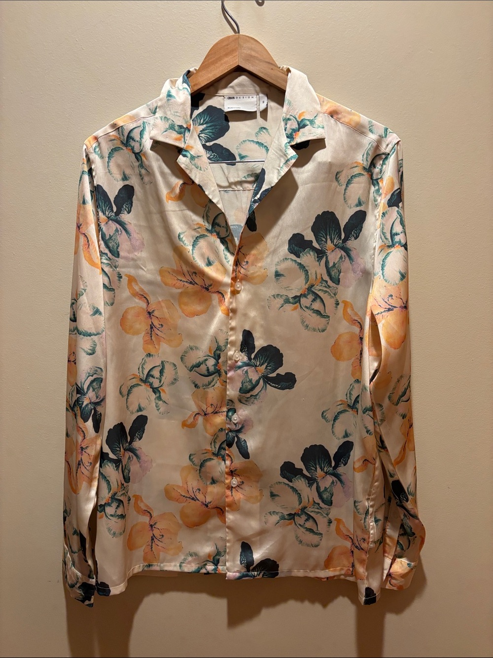 ASOS Floral Satin Button-Down Shirt in Cream, Teal, and Peach- oversized